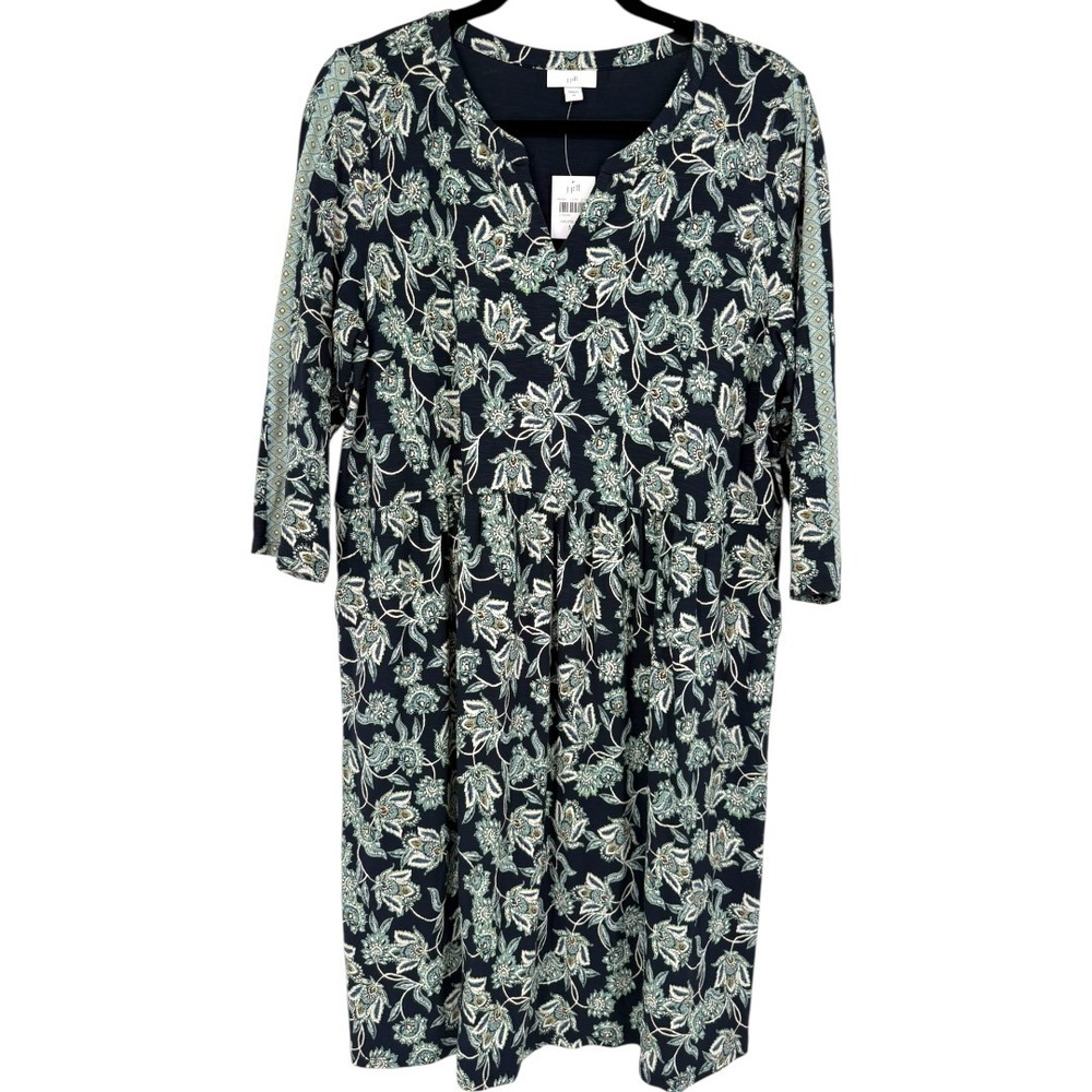 NWT J.Jill Navy Blue Floral Paisley Split Neck 3/4 Sleeve Knit Dress Size Medium